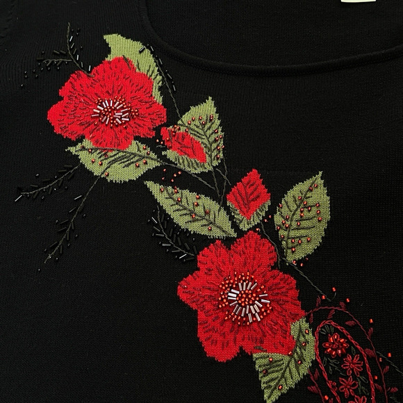 Vintage Emma James Knit Sweater Black Size Large Embellished Beaded Red Flowers - Picture 7 of 9